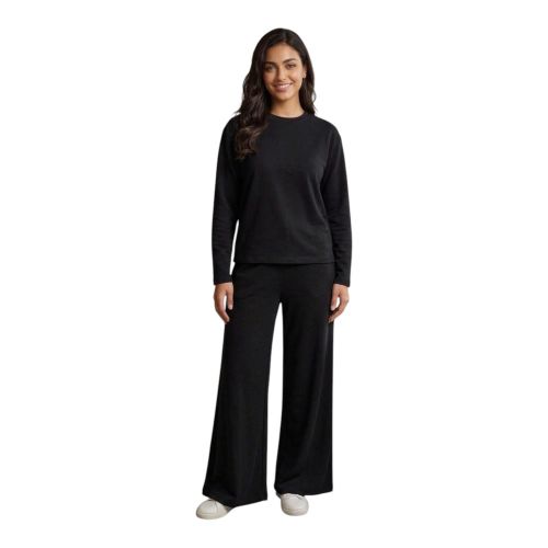 Al Rageh Girls' & Women's 2-Piece Lounge Suit (Long Sleeve Top & Wide-Leg Pants) - Summer Melton Fabric - Black