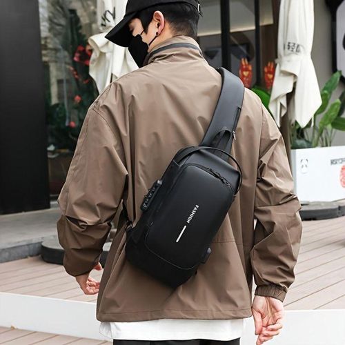 Casual multi-pocket chest bag, handbag and shoulder bag with charging port and waterproof anti-theft lock with password, for men and women. 901-Black