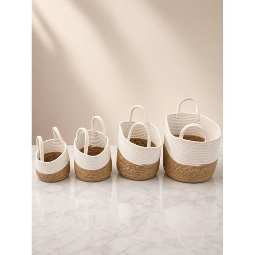 4-Piece Woven Storage & Decorative Baskets Set with Handles - Multi-Size Cotton & Jute Organizer