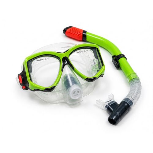 Premium Professional Dive Mask and Snorkel Set, Advanced Nose Design w/Purge Valve, Tempered Glass Lenses, Full Dry Snorkel, Silicone Skirt, for Adults - Green (Color May Vary)