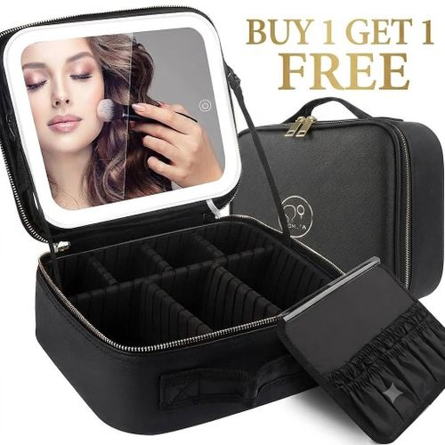 Travel Makeup Bag with Magnetic Removable Lighted Mirror, Cosmetic Bag Organizer with Mirror 360° Angle, Tri-Color LED Lighted Makeup Case, Portable Makeup Travel Train Case with Adjustable Dividers 1 + 1 FREE