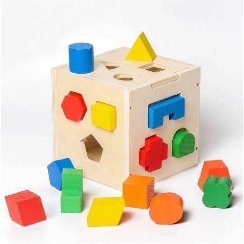 A wooden nest box. The cubes match basic geometric shapes: circle, square, triangle, oval, crescent, star, semicircle, and so you can draw the shapes after playing. This helps develop visual-motor integration skills, hand-eye coordination,