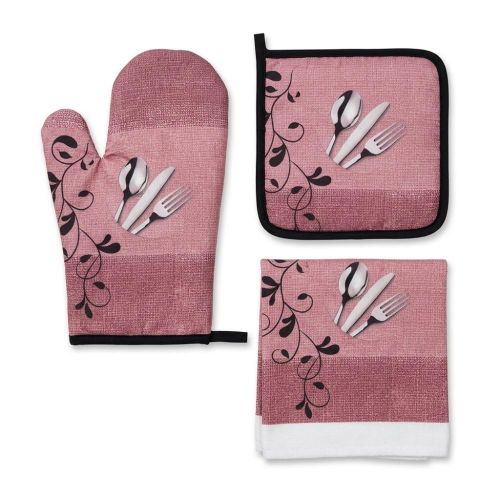 3 piece kitchen set oven mitt pot holder and towel, fabric with cutlery and leaf pattern - Pink