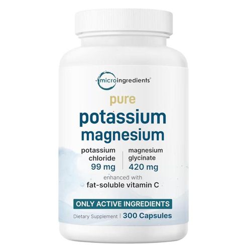Pure Potassium Supplement with Magnesium Glycinate 300 Capsules Enhanced with Fat-Soluble Vitamin C Chloride + Glycinate Mineral Electrolyte