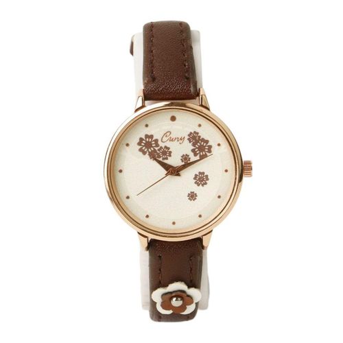 Women’s Brown Leather Strap Watch with Textured White Dial, Gold-Tone Numerals, Gold-Tone Case and Quartz Movement