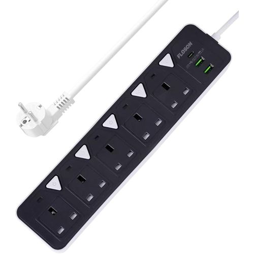 Universal 5-outlet power strip with independent switches + 2 USB charging ports – 2500W power – 2m cable – Overload protection