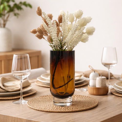 Modern Glass Vase 32cm with Flowers - Gold Brown Home Decor - Luxury Cylinder Design