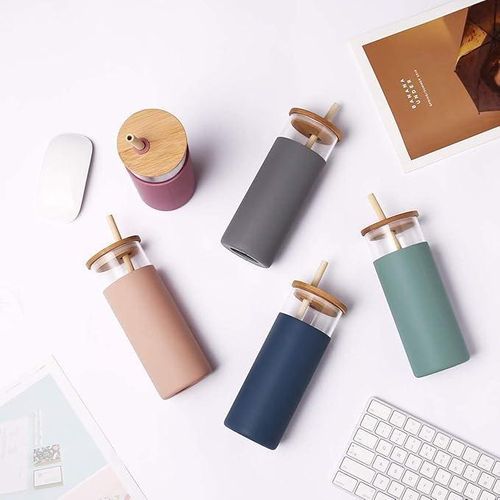 500ML Iced Coffee Glass Mug with Wooden Lid & Straw – Round Borosilicate Glass Cup for Hot & Cold Drinks – Multicolor