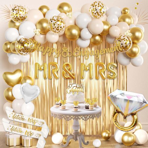 Juego of decoraciones of compromiso festival, globo dorado and blanco, globos MR & MRS with aluminum fondo, adornos for pasteles and pancartas, banda
