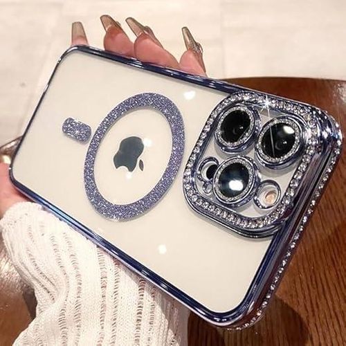 Glitter Magnetic Case for iPhone 15 Pro Max Compatible with MagSafe, Bling Rhinestone Camera Lens Protector, Clear Slim Military Shockproof Cover for iPhone 15 Pro Max (Blue, iPhone 15 Pro Max)