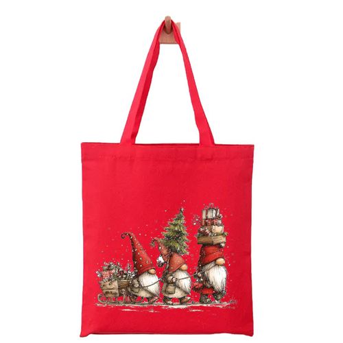 Red Christmas tote bag Beige High quality 100% linen handbag with distinctive design and shapes, multi-use (travel/lecture/club/work) three Christmas Gnomes carrying gifts