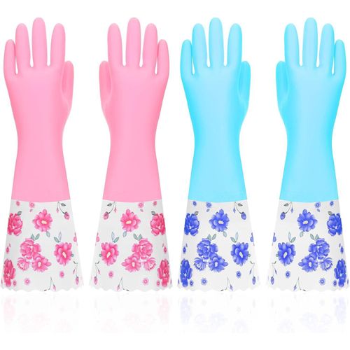 2 Pairs Rubber Cleaning Gloves Household Kitchen Dishwashing Gloves Long Cuff Glove with Cotton Flocked Liner Reusable Waterproof Non-Slip Household Glove for Bathroom Laundry Gardening Gift for Mom