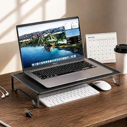 Laptop Stand, Hollowed Cooling Design, Elevated Desktop Riser, Starry Pattern, 46X27.5X7 cm, Home Office Workspace Organizer, Ergonomic Screen Support, Neat Storage Accessory Black