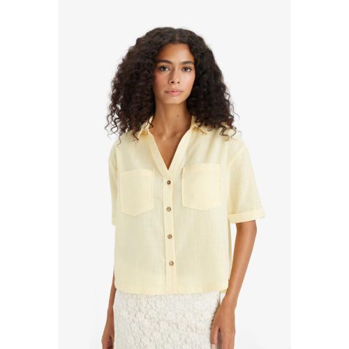 Woman Shirt Neck Regular Fit Short Sleeve Shirt - Yellow