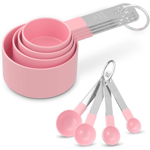 Measuring Cups and Spoons Set, 8 PCS Stackable Measuring Spoons with Stainless Steel Handle, Accurate Tablespoon for Measuring Ingredient, Kitchen Gadgets for Cooking and Baking (Pink)