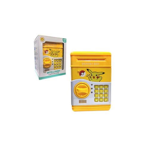 A square electronic piggy bank with a Pikachu-shaped design.