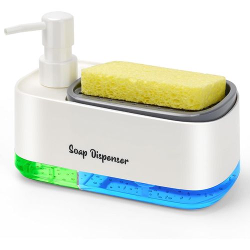 Kitchen sink organizer with soap dispenser and sponge - Direct pressure dishwashing liquid dispenser - 400ml double reservoir - Transparent soap dispenser - Suitable for kitchen and bathroom