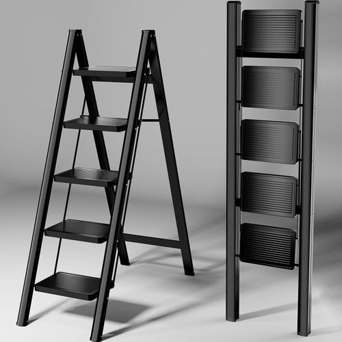 Heavy Duty Folding Metal Home Ladde 5 Steps Practical and Safe Ladder with Lightweight and Wide Non Slip Steps Elegant Black Ideal for Housework and Reaching Heights