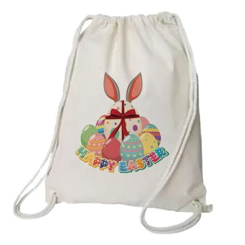 Happy Easter Drawstring Bag Natural Cotton Colourful Festive Print Lightweight Backpack