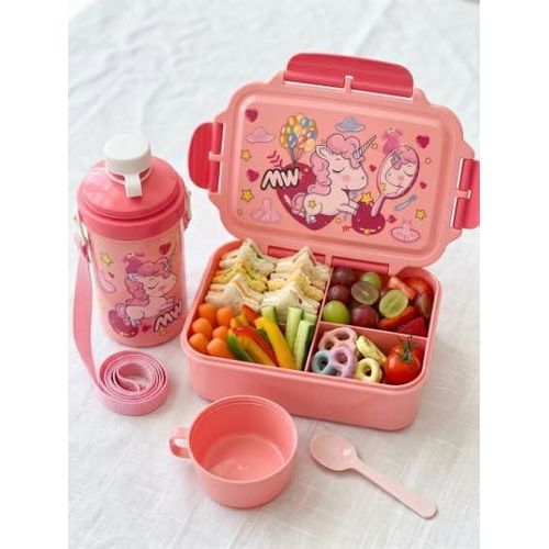 Cute Kids Lunch Box and Water Bottle Set, Divided Lunch Box with Water Bottle with Practical Lid, Pink Lunch Set for Girls, Suitable for School, Kindergarten, Picnic, Outings
