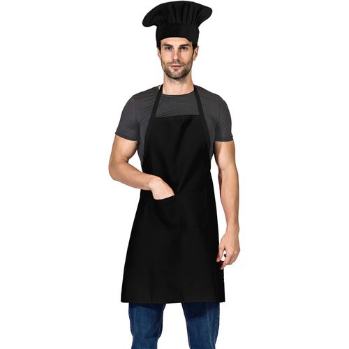 Black Chef Hat and Apron Set for Men & Women -Adjustable Cooking - Black