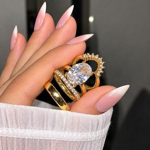Women’s 4-in-1 Gold Ring with Shiny Oval Stone, Elegant Luxury Solitaire Design, Set of 4 Pieces, Rust and Color Change Resistant, Adjustable Size, Comes in a Multi-Style Gift Box
