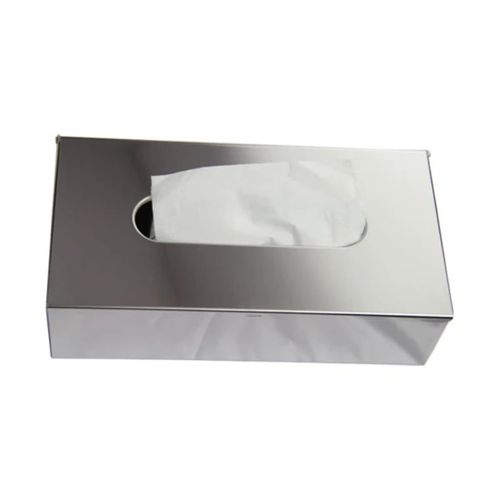 A modern rectangular tissue holder box made of high-quality polished stainless steel suitable for the office or wall mounting