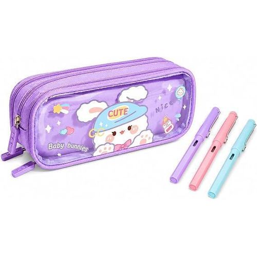 Large Transparent Canvas Pencil Case + 3 Forever Pencils Bundle – Aesthetic Organizer with 3 Compartments, Durable Zipper, Perfect School & Office Stationery Set -BUNNY PURPLE