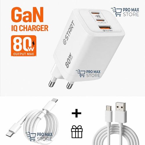 GaN IQ Charger 80W PD Fast Charging Type-C USB Super Fast Wall Adapter Dual Port With USB C Cable And Type C To Type C PD Cable