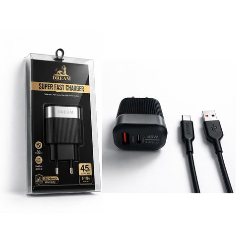 شاحن دريم D-1774 فائق السرعة 45 واط منفذين USB-A و USB-C تقنية AUTO-ID شحن آمن مع كابل USB-C