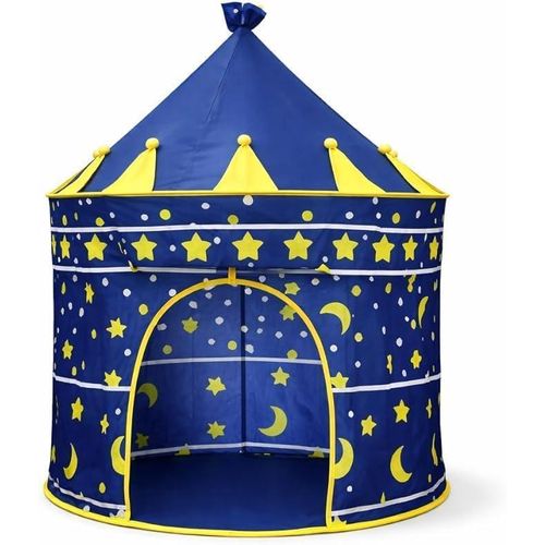 A foldable play tent with a castle design decorated with starlight made of polyester fabric and a metal frame suitable for indoor and outdoor play It provides space for play and imagination development and is a great addition to the home decor in blue.