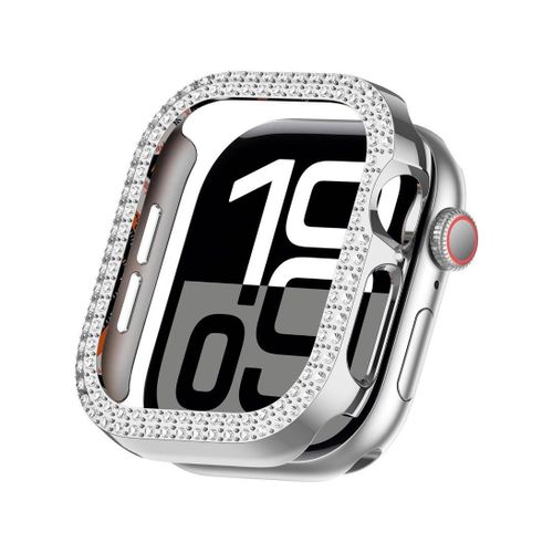 Apple Watch Series 10 46mm Case Hard Polycarbonate Frame Two Rows of Crystal Diamond Shock Absorbing Cover for Women and Girls Slim Protective Case for Apple Watch 46mm - Silver