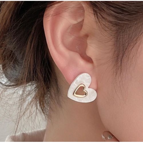 Women’s Double Heart Stud Earrings – White Pearl Finish with Gold Accent