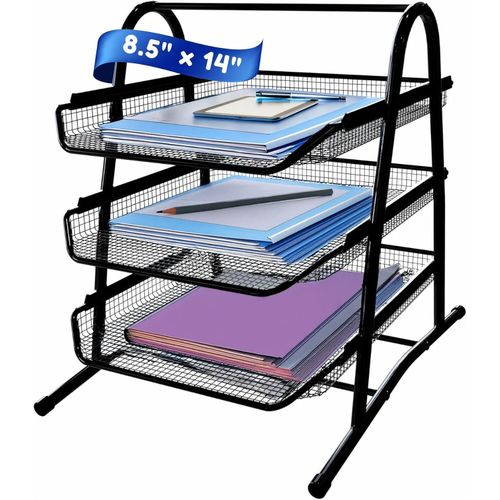 3-Tier Stackable Paper Tray Organizer for Desk - Black Metal File Rack for Legal-Size Paper (14x8.5), Document Holder & Desktop Storage for Office, Home, or School Organization