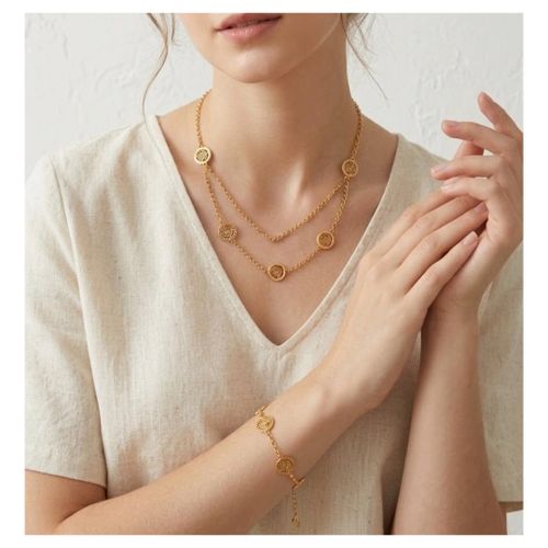 Bohemian Elegance Gold-Tone Layered Station Necklace and Matching Bracelet Set -Aluminum Set For Women