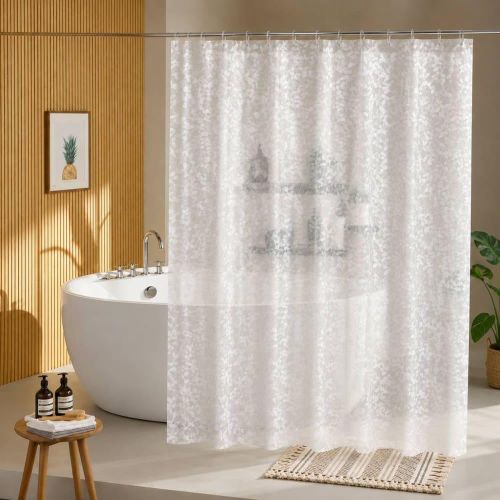 PVC Shower Curtain with Leaf Pattern, Waterproof and Quick Dry, 12 Clear Hooks, 180x180 cm