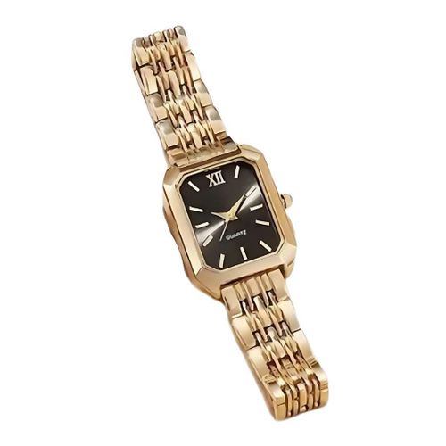 ساعة معصم كلاسيكية للنساء بعلبة ذهبية مستطيلة وسوار معدني ومينا أسود