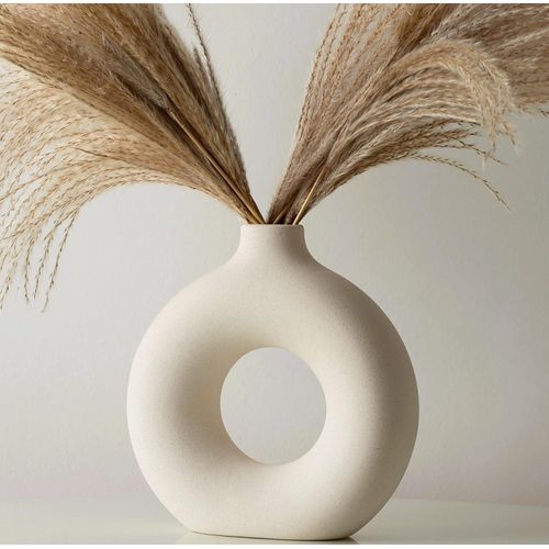 White Ceramic Donut Vase for Pampas Grass - Living Room Bedroom Accessories Dried Flower Vase Room Decoration Boho Decorative Small Floor Table Ornaments Modern Home Decor Matte Round