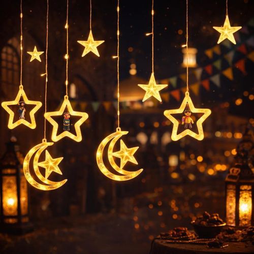 LED Ramadan Decorative Curtain for Windows and Walls – Star and Crescent Design with Fananees Characters, 10 Pieces, Dual Plug with Remote Control from Roxy Store C-10W