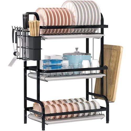 3 Tier Dish Drying Stand Large Dish Rack for Plates Cups Bowls Utensils Cutting Board and Cutlery Metal Dish Drying Rack with Spray Paint Durable Dish Rack with 3 Removable Water Trays