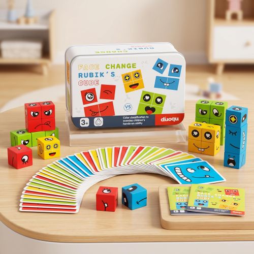 Wooden Face Changing Expression Matching Cube Puzzle Game with Metal Tin Storage Box 16 Blocks and 72 Challenge Cards Fast-Paced Strategy Thinking STEM Toy for Kids Family Party Tabletop Games Ages 3+ (Shape & Color May Vary)