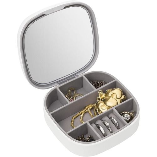 صندوق تخزين مجوهرات بمراية منظم مجوهرات محمول مقاوم للغبار شنطة سفر للخواتم والدلاية والحلقان والأساور بتصميم سهل التخزين LD-988 أبيض