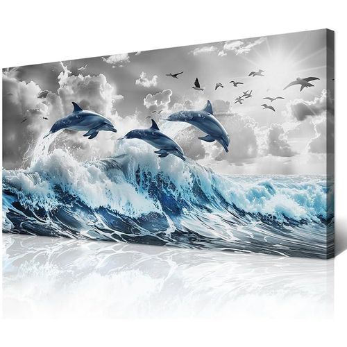 Wapluam Framed Canvas Wall Decoration For Living Room Large Wall Art For Bedroom Blue Waves Of The Sea Wall Pictures Artwork Fashion Office Canvas Art Prints Dolphins Seascape Paintings Home Decor