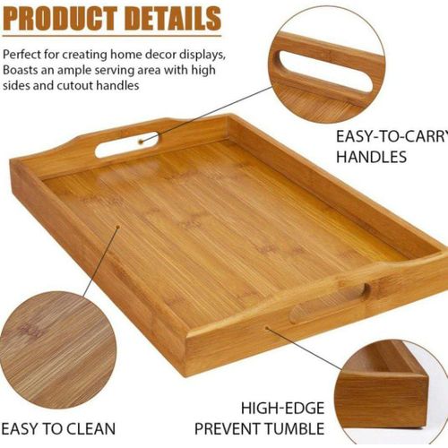 Large Beech Wood Serving Tray with Handles Ottoman Coffee Table Food Trays for Breakfast Dinner Tea Use in Bedroom Living Room Kitchen Bathroom Hospital Rectangular Shape
