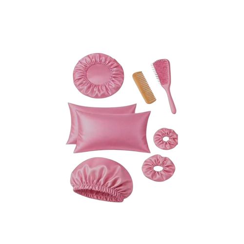 The hair care set consists of 2 pillows, 2 bonnets, 2 hair ties, 1 brush, and 1 natural wooden comb.
