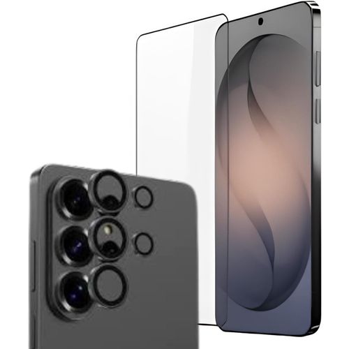 Tempered glass screen protector with black frame, built-in dust filter, and camera lens protector – compatible with Galaxy S26 Ultra.