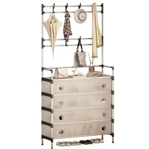 Coat and shoe rack with dust cover, multi-functional entryway organizer with eight hooks, sturdy metal shoe storage for home, hallways, and bedrooms, silver color