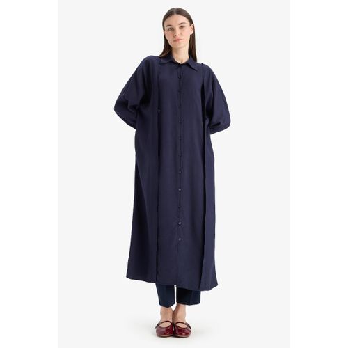 Woman Shirt Neck Relax Fit Long Sleeve Woven Dress - Navy
