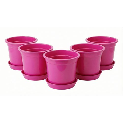 Set of 5 plastic planters with saucers, 15 cm - Indoor and outdoor planters - Fuchsia