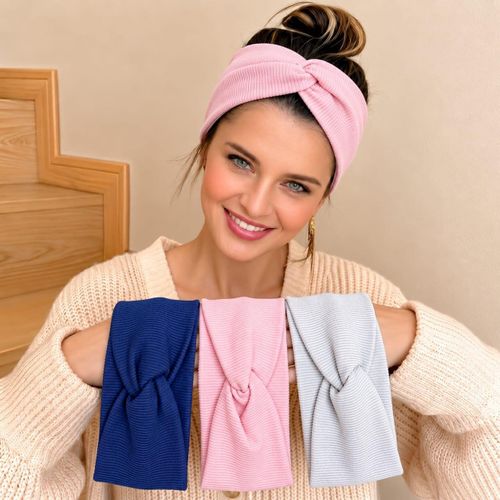 Ribbed cotton headband set with a front-knot design (3 pieces) for girls and women a wide, stretchy headband for a comfortable, casual everyday look also suitable for sports.